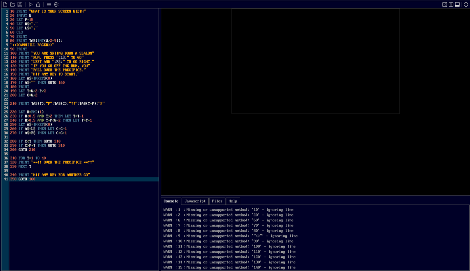 The listing in a browser QBasic emulator, with the console reporting a missing or unsupported method for every numbered line