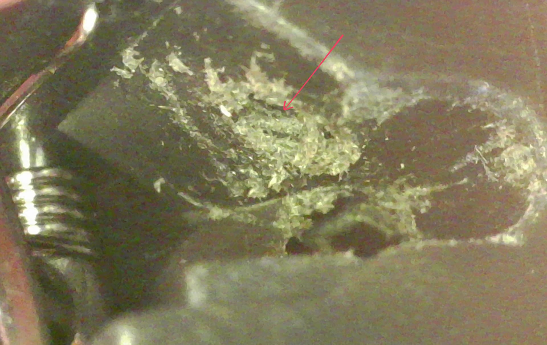 Close-up of the frayed plastic where the screw penetrated the inner wall